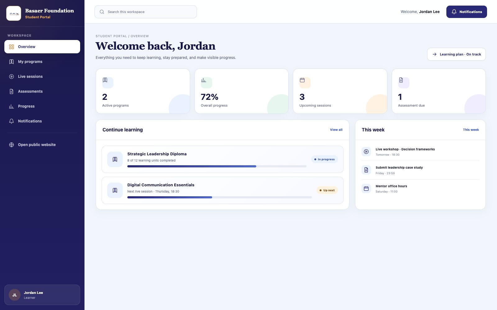 Basaer Foundation student dashboard in English